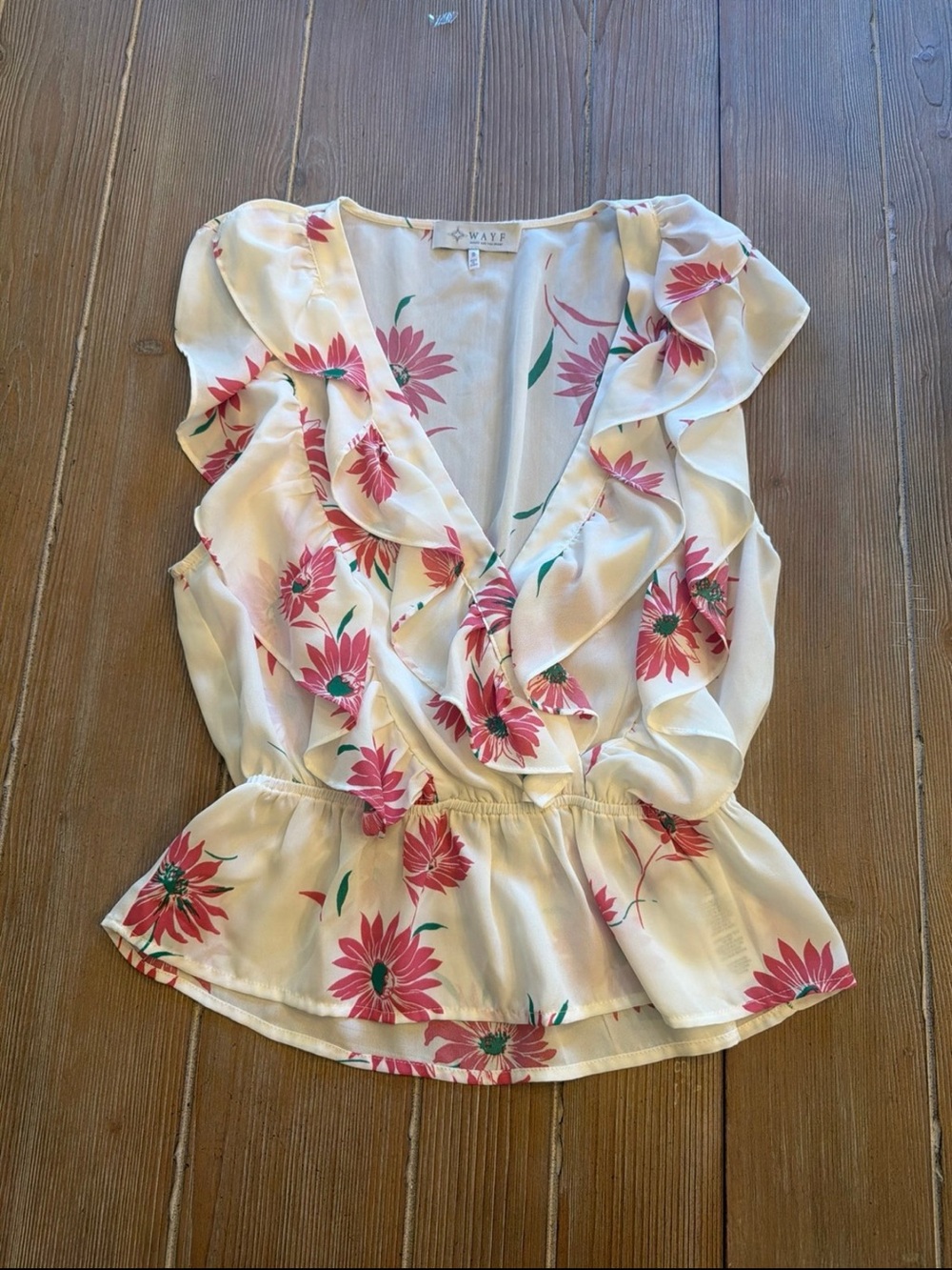 WAYF white Floral Ruffle V-Neck Top in Pink